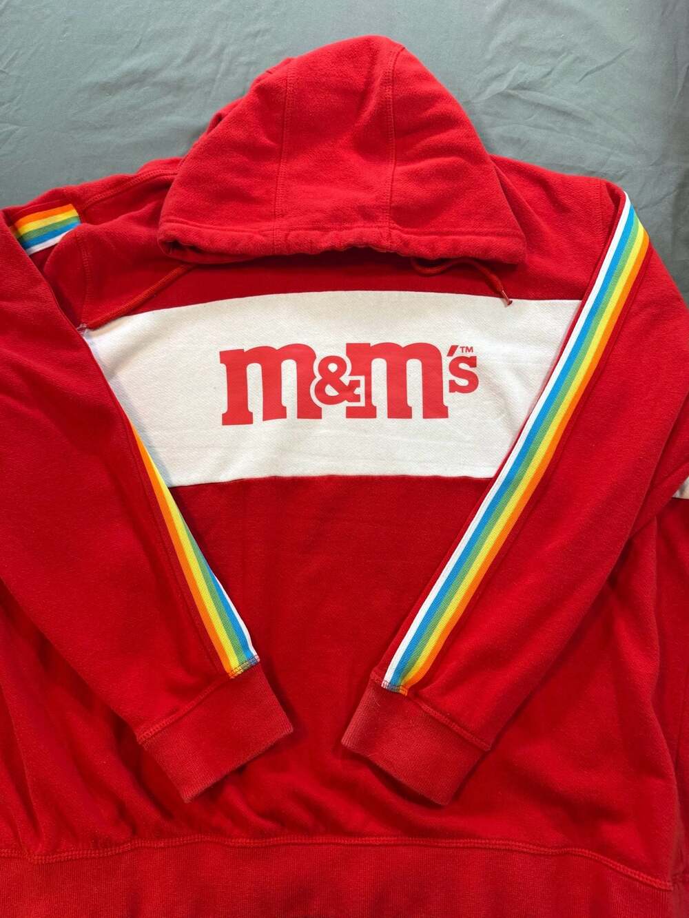 M&M's Red Hoodie Sweatshirt with Rainbow Sleeve Stripes